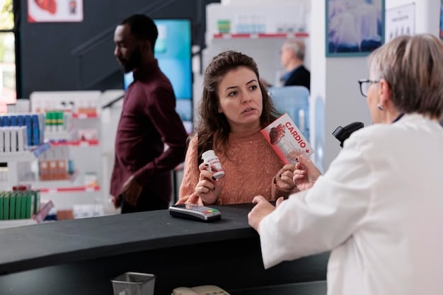 A well-lit pharmacy counter where a pharmacist is explaining the use of a naloxone kit to a young woman. The pharmacist points to the instructions, and the atmosphere is supportive, with an informational poster about opioid overdose prevention visible in the background. The scene conveys accessible healthcare and proactive community engagement.