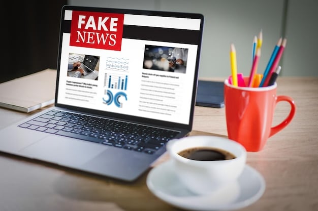 A close-up of a computer screen displaying a fake news article about election fraud. Social media icons are visible in the background.