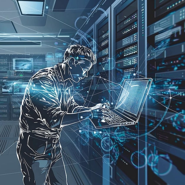 A digital illustration depicting a cybersecurity professional working on a network security system, with lines of code and security icons visible.