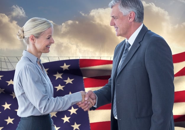 A photograph showing the US Secretary of State shaking hands with a foreign minister at a global summit. The backdrop features flags of multiple nations and a large screen displaying the logo of the summit. The environment suggests a high-level diplomatic negotiation with both leaders smiling and engaged.